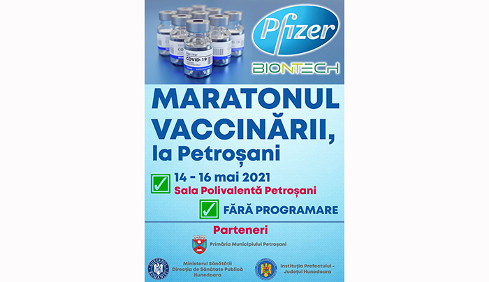 In zilele de 14, 15 si 16 mai, la Petrosani, in Sala Polivalenta, va avea loc „Maratonul vaccinarii”!