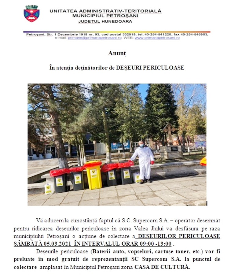 Gratie unei noi actiuni comune de colectare, primarie-Supercom, / Petrosenenii pot scapa de deseurile periculoase din casa fara sa incalce legislatia