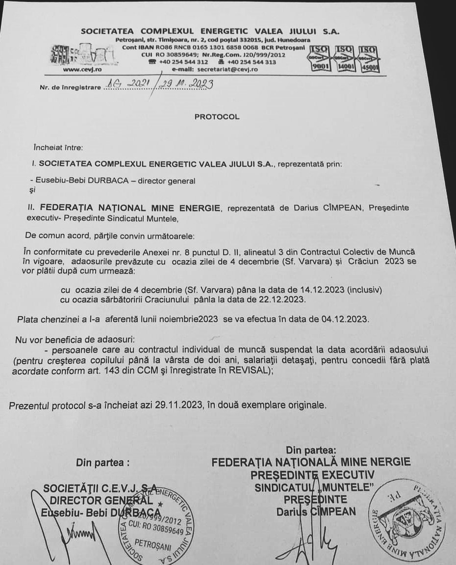 Legea austeritatii nu se aplica in minerit / In decembrie, angajati CEVJ vor primi doua prime