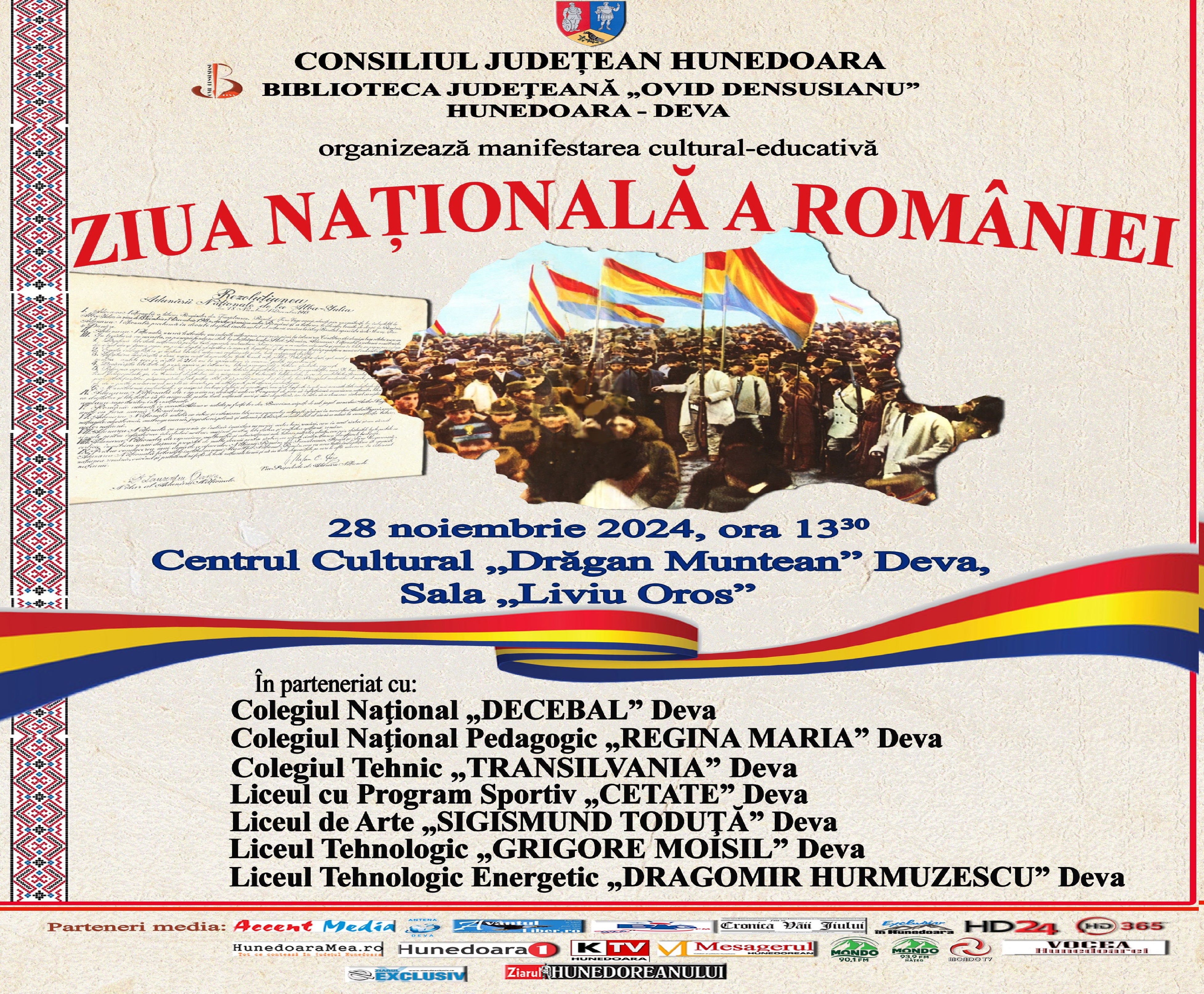 Biblioteca Judeteana „Ovid Densusianu” din Deva celebreaza Ziua Nationala a Romaniei cu o activitate cultural-educativa dedicata Marii Uniri