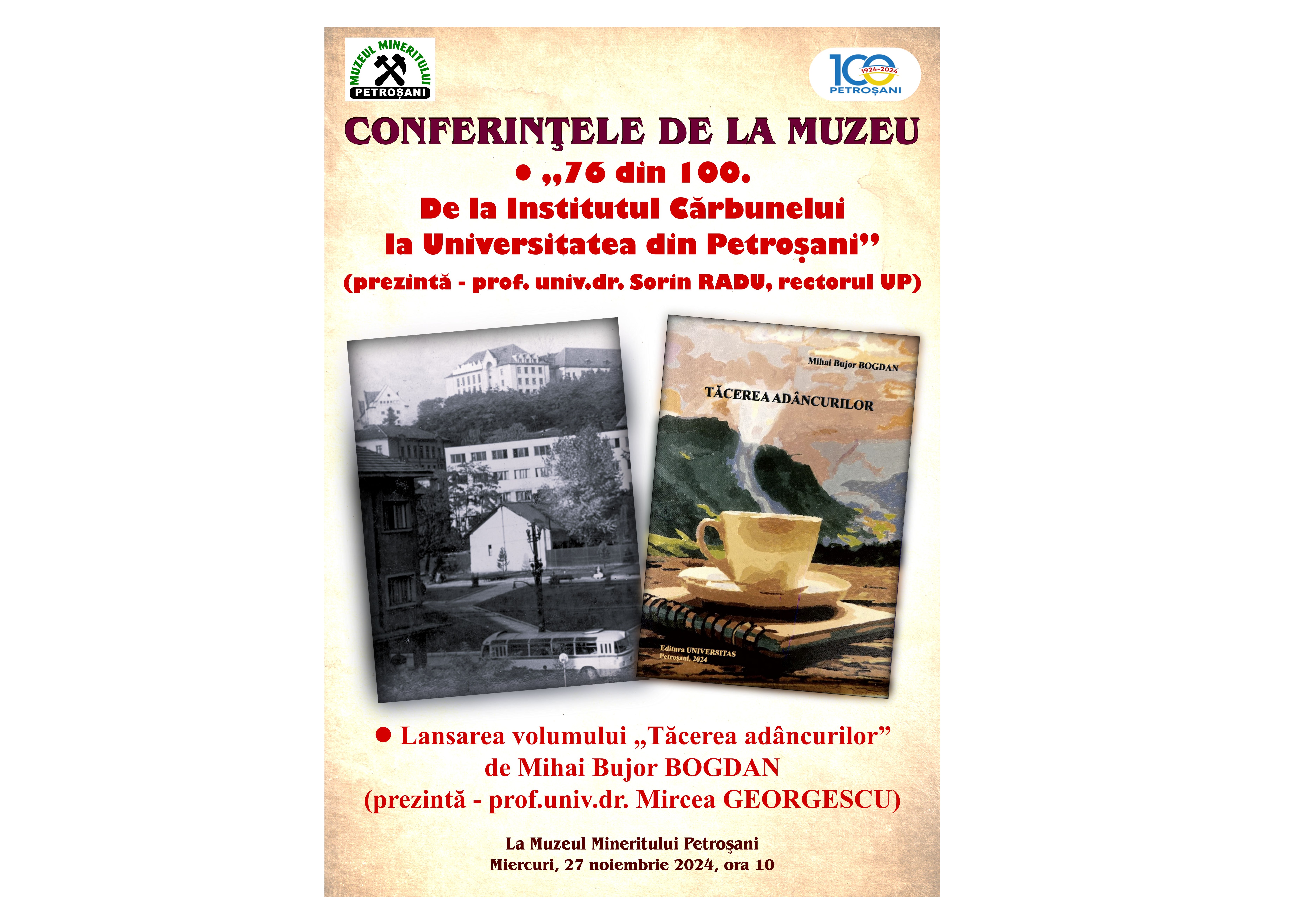 1924-2024. Petrosani 100. Doua evenimente la Muzeul Mineritului