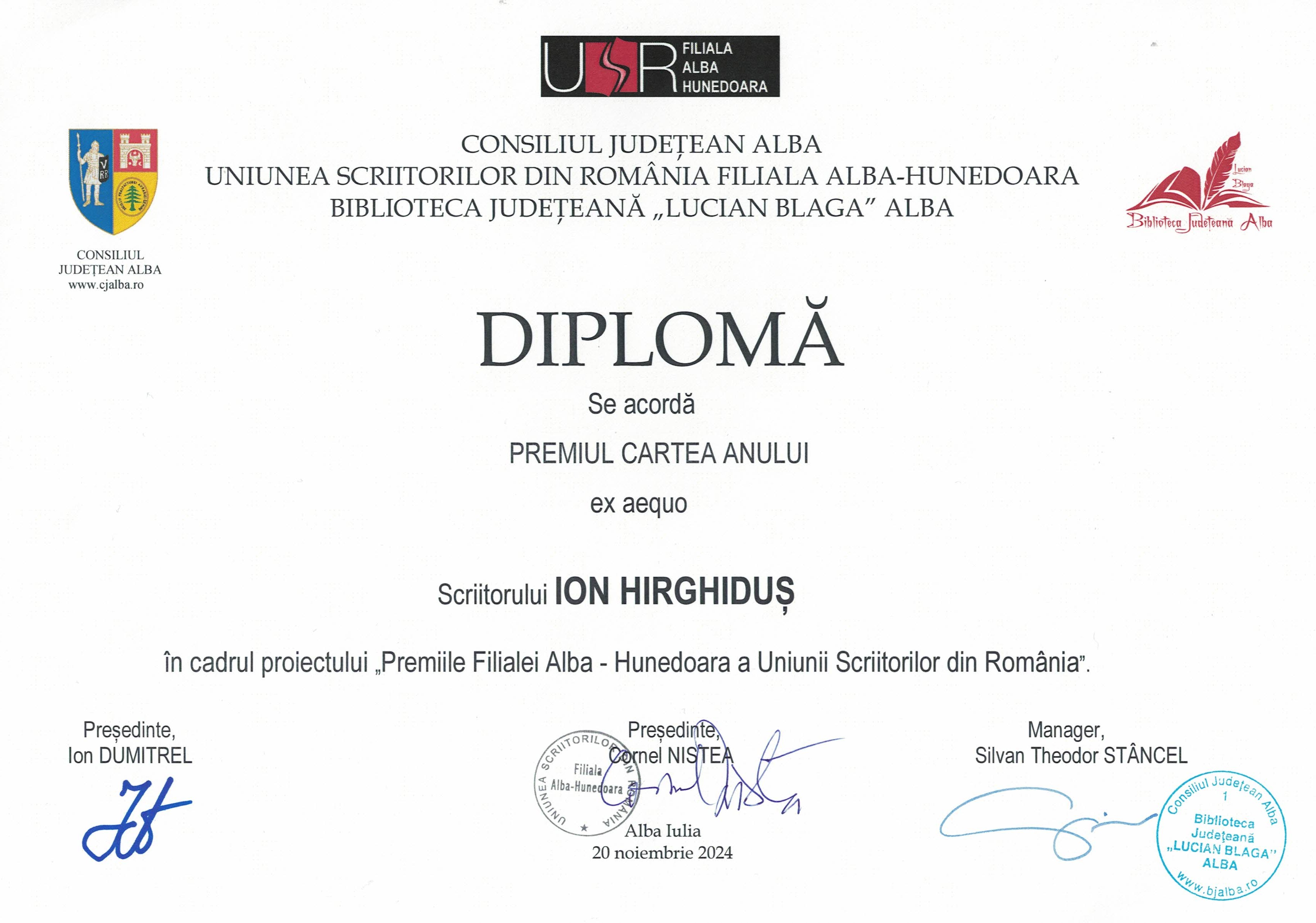 Pentru poetul Ion Hirghidus, membru marcant la Cenaclului BOEMA / Premiul Uniunii Scriitorilor din Romania pentru cea mai buna carte de poezie a anului 2023