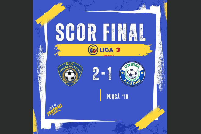 Fotbal. Liga 3. Unirea DMO – invinsa iar pe final